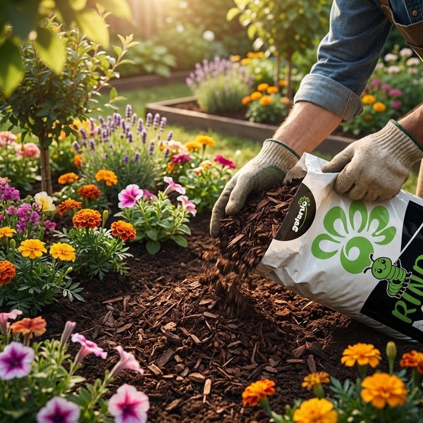 Person mit Gartenhandschuhen schüttet Rindenmulch aus einem Sack auf ein Blumenbeet in einem sonnigen Garten.