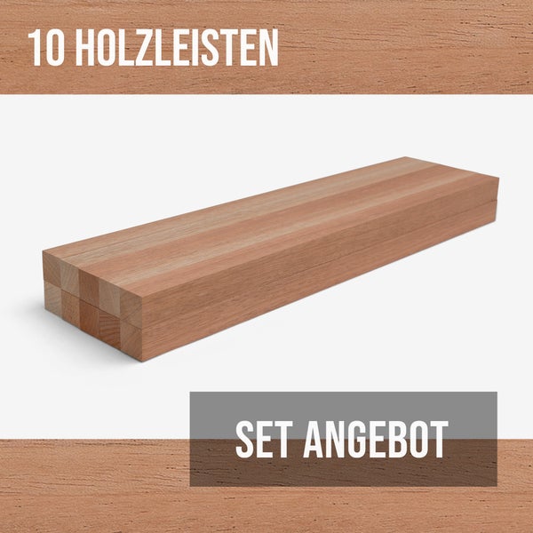 Set-Angebot von 10 quadratischen Holzleisten aus Naturholz.