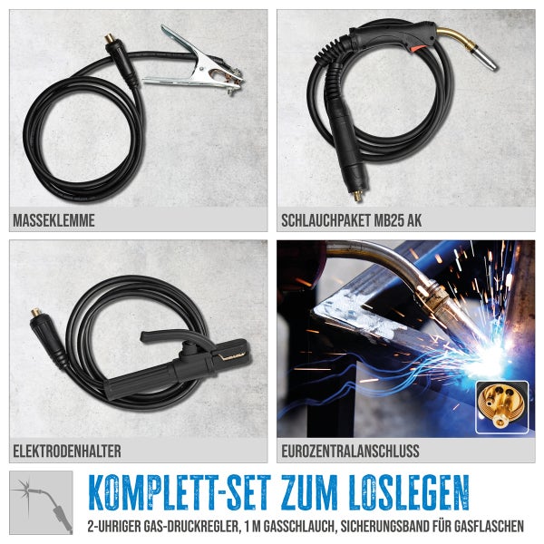 Komplettset zum Schweißen mit Masseklemme, Schlauchpaket MB25 AK, Elektrodenhalter, Eurozentralanschluss, zweiuhrigem Gasdruckregler, einem Meter Gasschlauch und Sicherungsband für Gasflaschen