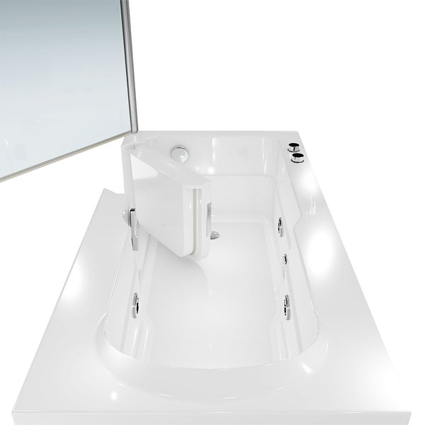 Weiße Badewanne mit seitlicher Einstiegstür und integrierter Glas-Duschwand für komfortables, barrierefreies Baden.