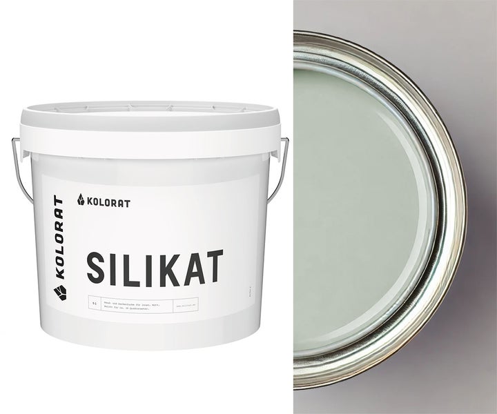 Kolorat Silikat Wand- und Deckenfarbe im 5 Liter Eimer mit Blick in den offenen Farbeimer