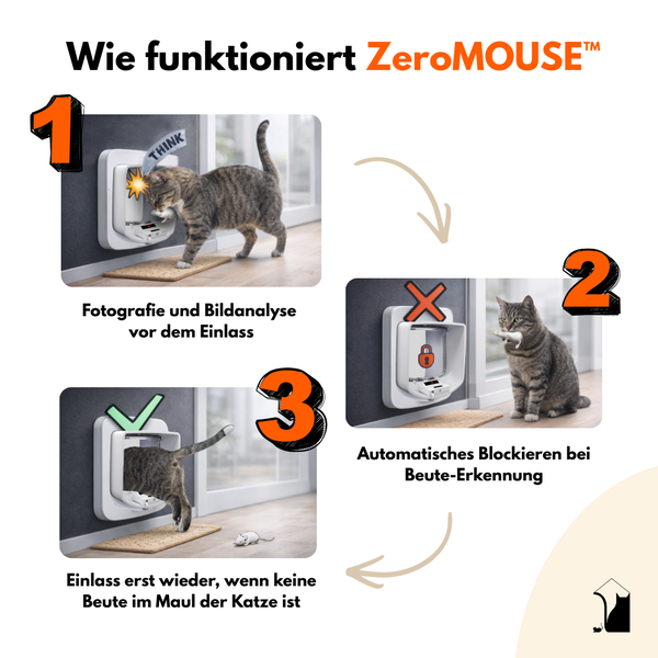 Darstellung der Funktionsweise einer Katzenklappe mit Beuteerkennung in drei Schritten: Analyse vor dem Einlass, automatisches Blockieren bei Beuteerkennung und Freigabe, wenn keine Beute erkannt wird.