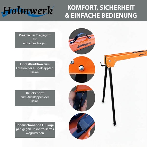 Holzwerkbock mit Tragegriff, Verriegelungsfunktion, Druckknopf und Bodenschutzkappen