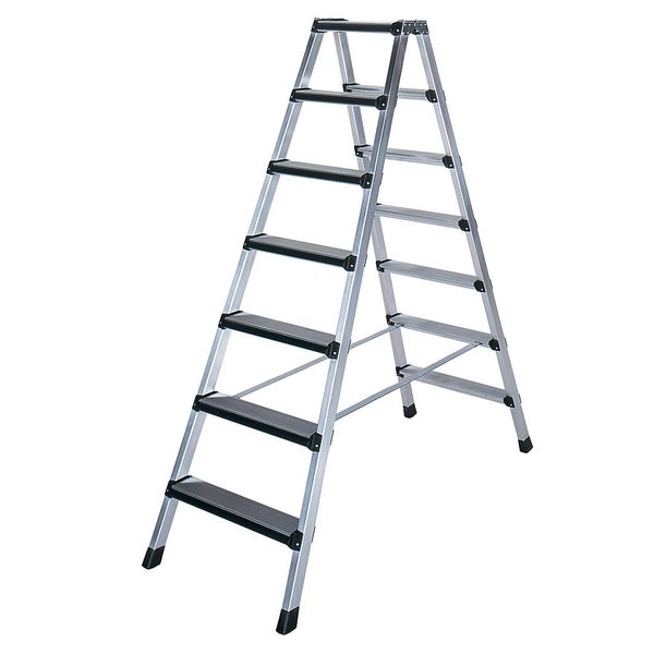 Beidseitig begehbare Aluminium Stufenstehleiter mit sieben Stufen für sichere Arbeiten in der Höhe.