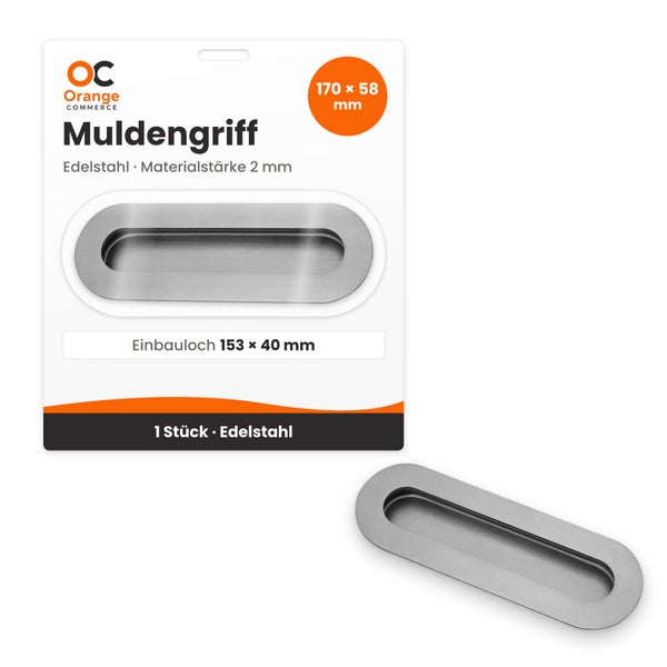 Ein einzelner ovaler Muldengriff aus Edelstahl mit 170 mal 58 Millimeter Außenmaß auf einer Produktverpackung von Orange Commerce Logo.