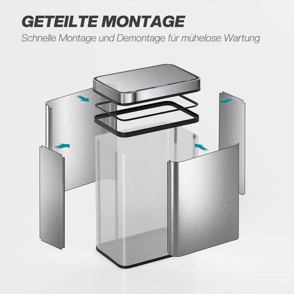 Explosionsdarstellung eines Abfalleimers zur Veranschaulichung der geteilten Montage für einfache Reinigung und Wartung.