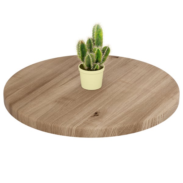 Runde Tischplatte aus Holz mit natürlicher Maserung, dekoriert mit einem kleinen Kaktus in einem Topf.