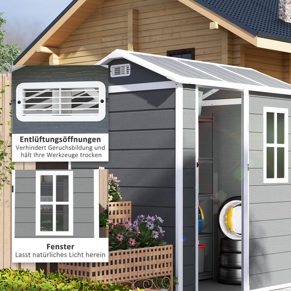 Outsunny Gerätehaus Kunststoff 2,1m² 186 x 130 x 199cm Geräteschuppen mit Satteldach Boden Fenster Abschließbarer Tür wetterfest Gartenhaus Outdoor Garten Schuppen für Hinterhof Grau