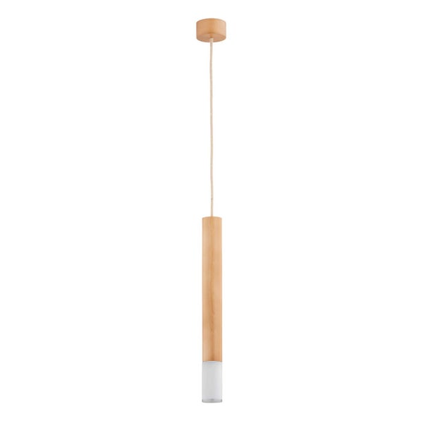 Moderne Pendelleuchte aus Holz mit zylindrischem Leuchtenkopf und Textilkabel für eine stilvolle Innenbeleuchtung