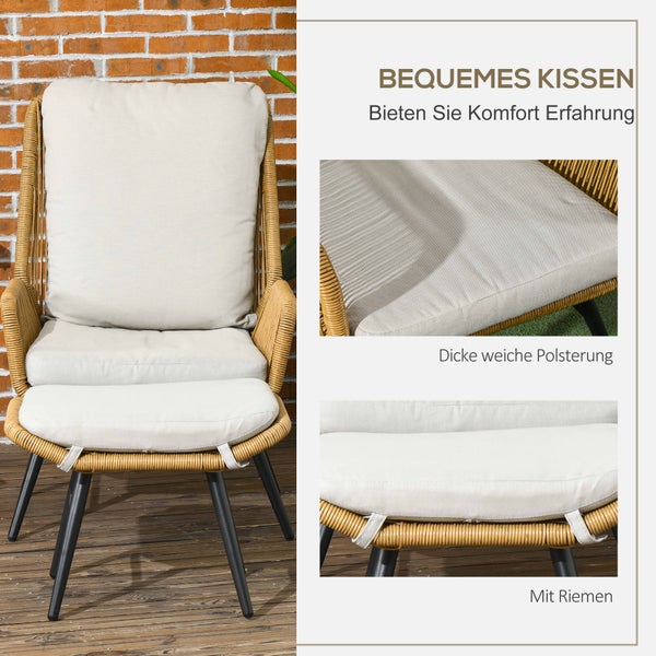 Outsunny Rattan Relaxsessel mit Fußhocker, mit verstellbarer Rückenlehne, mit Kissen, 67L x 83B x 94H cm, Stahl, Polyester, Natur