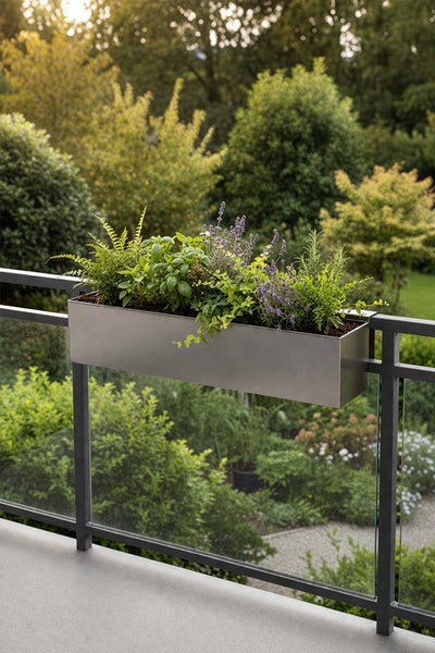Rechteckiger Balkonkasten aus Metall mit Kräutern bepflanzt, montiert an einem modernen Glasgeländer vor einem Garten.