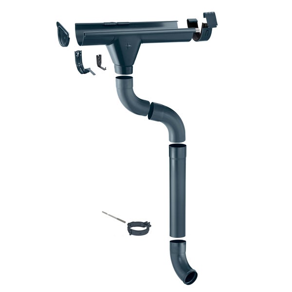 Dachrinnen-Set mit verschiedenen Komponenten wie Dachrinnen, Rohren und Befestigungsmaterialien