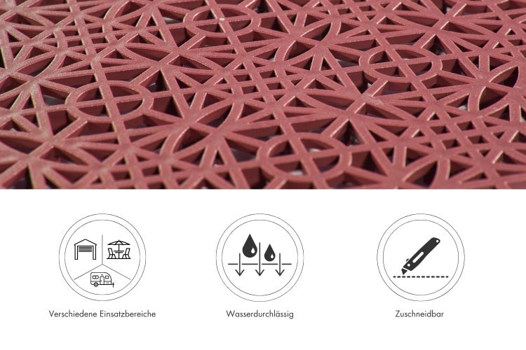 Kunststoff Bodenbelag mit geometrischem Muster, wasserdurchlässig, zuschneidbar und vielseitig einsetzbar für Garage, Terrasse und Camping.