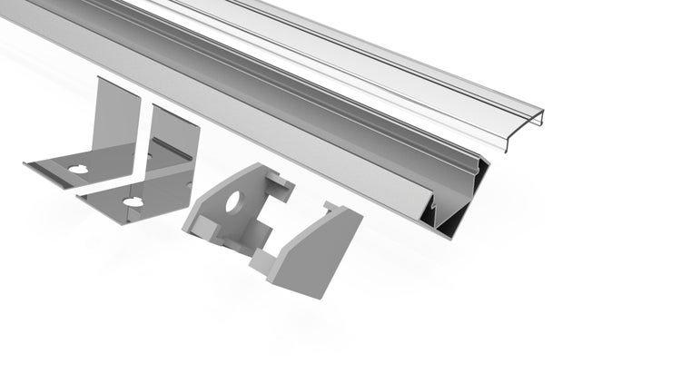 TIVENDIS Led Alu Profil 2 m E45 Komplett Set für Strip / Streifen bis 12 mm breit | Abdeckung transparent klar, Endkappen, Befestigungclips | L-Form Winkel Ecke Winkelprofil Eckprofil eloxiert