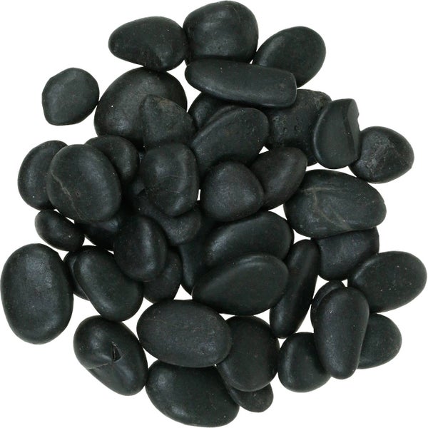 Glatte, runde schwarze Zierkiesel in verschiedenen Größen für die Gartengestaltung.