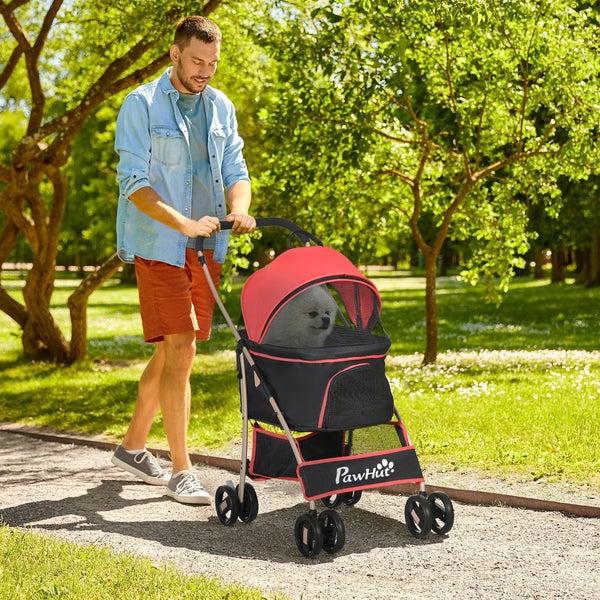 PawHut Hundewagen, 2 in 1 Hundetrolley, Tragetasche, faltbarer Hundebuggy mit Kissen, Katzenwagen für kleine Hunde, Katzen, Katzenbuggy mit  4 Rädern, Netzfenster, Oxfordstoff, Rot