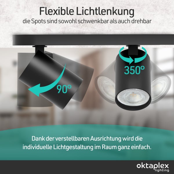 LED-Spots an einer Schiene, um 90 Grad schwenkbar und um 350 Grad drehbar für flexible Lichtlenkung. Oktaplex Lighting Logo.