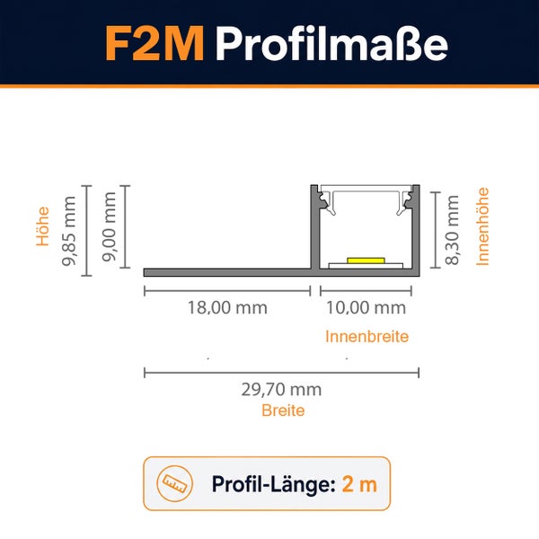 Technische Zeichnung mit Maßangaben für F2M LED Einbauprofil mit 2 Meter Länge.