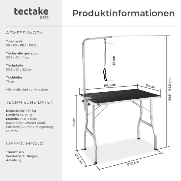 Trimmtisch tectake  Belastbarkeit 60 kg mit höhenverstellbarem Galgen schwarz/grau