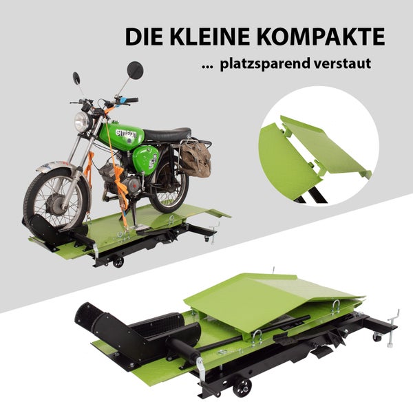Motorrad auf einer Hebebühne zur platzsparenden Aufbewahrung