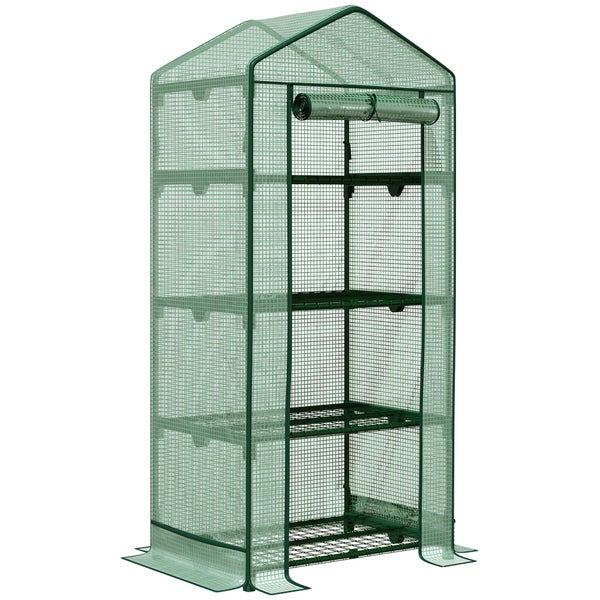 Outsunny Mini-Gewächshaus, Anzuchtgewächshaus mit Folienabdeckung und 4 Regalböden Regale Rolltür, 69 x 49 x 158 cm, Metall, PE, Grün