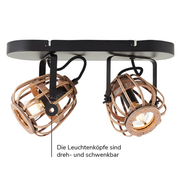 mokebo Deckenlampe oder Boho Lampe mit Rattan 'Die Natürliche', vintage Deckenstrahler dimmbar mit 2 spots, schwarz mit Lampenschirm aus Rattan Holz