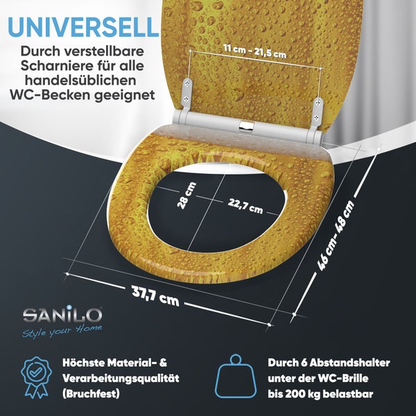 Sanilo Toilettensitz mit Bier-Design. Maße: Breite 37,7 Zentimeter, Länge 46 bis 48 Zentimeter. Belastbar bis 200 Kilogramm. Verstellbare Scharniere.