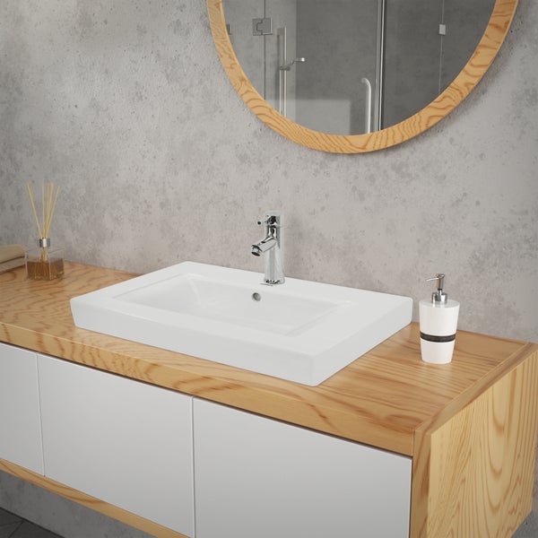 ECD Germany Waschbecken Waschtisch 605x465x160 mm Keramik Weiß inkl Ablaufgarnitur mit Überlauf Einbaubecken Einbauwaschbecken Handwaschbecken Einbauwaschtisch Aufsatzwaschbecken Spülbecken Wasserfall