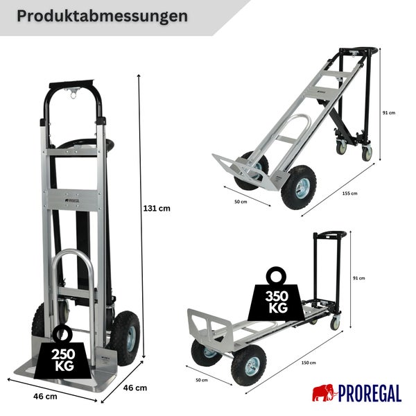 Proregal Multifunktions-Sackkarre in drei Positionen mit Abmessungen: Höhe bis 131 Zentimeter, Tragkraft bis 350 Kilogramm. Proregal Logo.