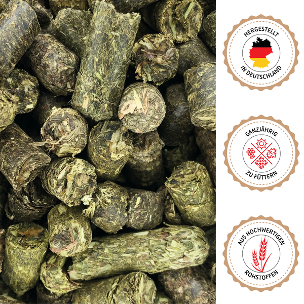 Pferdefutter-Pellets mit dem Siegel Hergestellt in Deutschland, Ganzjährig zu füttern und Aus hochwertigen Rohstoffen.
