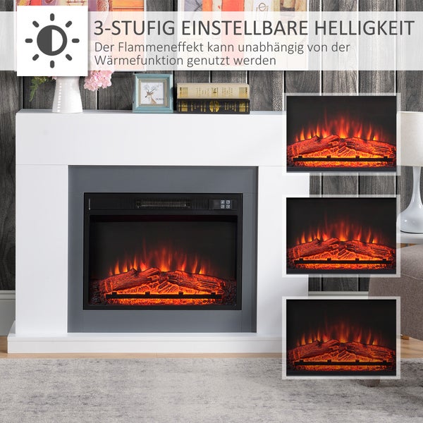 Elektrokamin mit weißer Umrandung, 3-stufig einstellbare Flammenhelligkeit, Flammeneffekt unabhängig von Heizfunktion nutzbar.