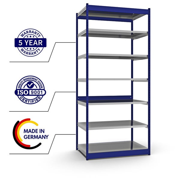 PROREGAL Fachbodenregal Stecksystem Vierkant-Profil Grundregal HxBxT 300 x 132,5 x 80 cm 7 Ebenen Einseitige Bauart Fachlast 200 kg Enzianblau