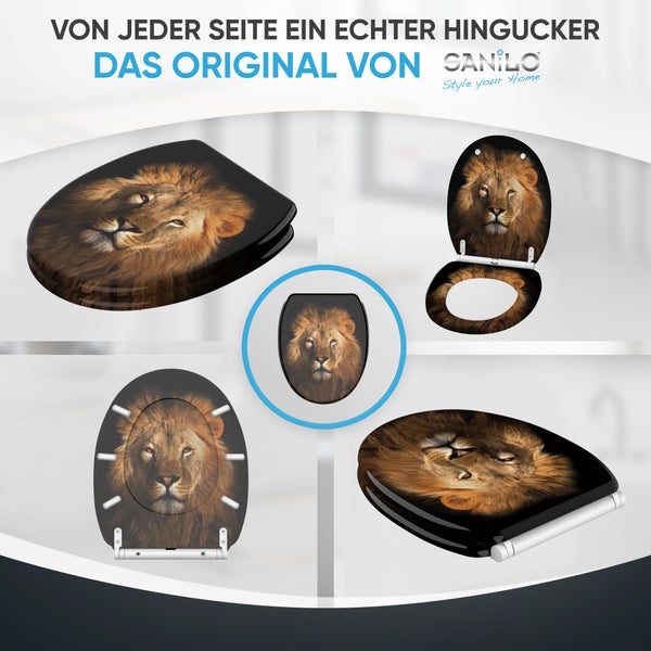 Verschiedene Ansichten eines Sanilo Toilettensitzes mit Löwenkopf-Motiv, einschließlich offenem und geschlossenem Deckel, Sanilo Logo.