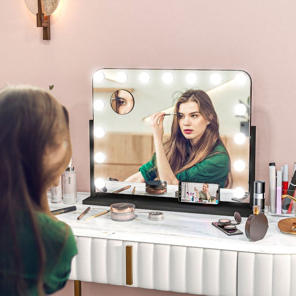 HOMCOM Hollywood Spiegel mit Beleuchtung, Schminkspiegel mit 14 LED Licht, 3 Lichtfarben, Kosmetikspiegel mit 10X Vergrößerung, USB-Ladeanschluss, Handyhalterung und Touchschalter, 360° Drehbar