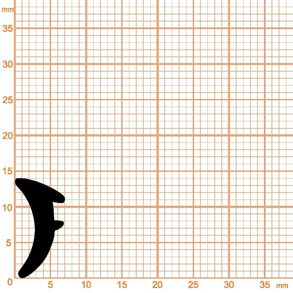 Querschnitt eines schwarzen Gummidichtungsprofils auf Millimeterpapier, circa 13 Millimeter hoch und 7 Millimeter breit.