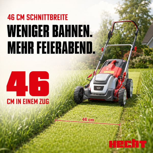 Hecht Rasenmäher mit 46 Zentimeter Schnittbreite beim Mähen einer Bahn in einem hellen Garten. Hecht Logo.