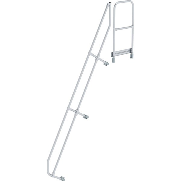 Zweiteiliger Handlaufsatz aus Metall für Leitern mit einem Schräghandlauf und einem Vertikalbügel.