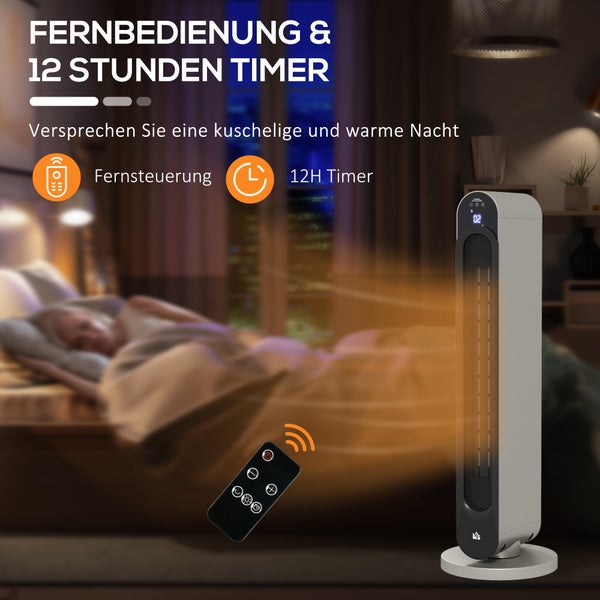 Elektrischer Turmheizlüfter mit Fernbedienung und 12 Stunden Timer im Schlafzimmer neben einer schlafenden Person.