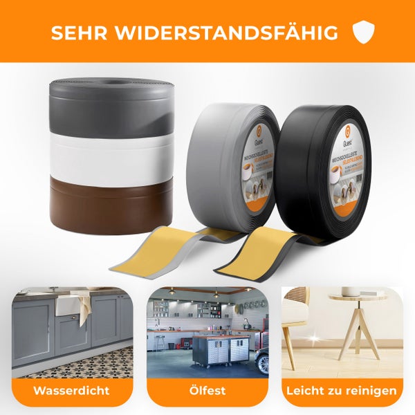 Mehrere Rollen selbstklebende Weichsockelleisten in verschiedenen Farben inklusive Anwendungsbeispielen für Küche Werkstatt und Wohnbereich.