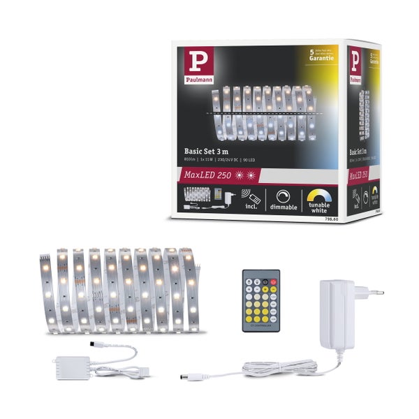 Paulmann MaxLED 250 Basis Set mit 3 Meter LED Band, dimmbar, steuerbar, inklusive Fernbedienung, Netzteil und Steuerung.