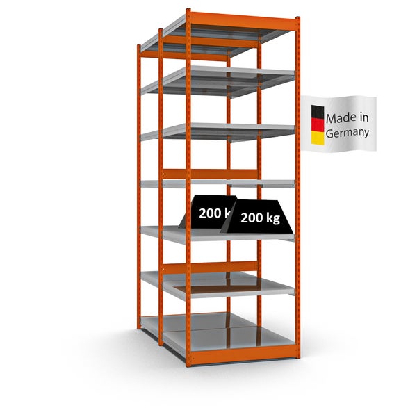 PROREGAL Fachbodenregal Stecksystem Vierkant-Profil Grundregal HxBxT 300 x 102,5 x 80 cm 2x7 Ebenen Doppelseitige Bauart Fachlast 200 kg Orange