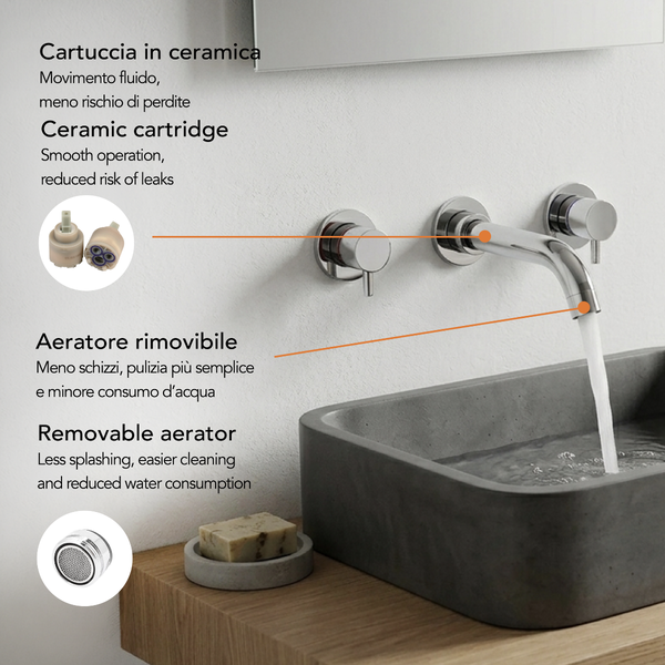Wandarmatur über einem Steinwaschbecken mit fließendem Wasser sowie Hinweisen zu Keramikkartusche und abnehmbarem Luftsprudler.