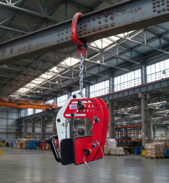 Hebeklemme an einer Kette hängend in einer großen Industriehalle mit Stahlkonstruktion und Lagerregalen.