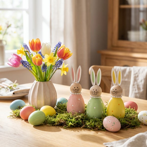 Osterdekoration mit drei hölzernen Osterhasen, bunt bemalten Ostereiern und einem Frühlingsblumenstrauß in einer Vase auf einem Holztisch.
