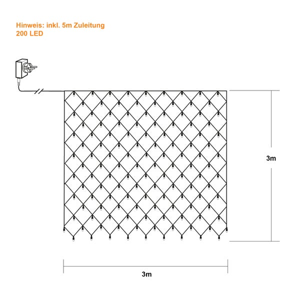 LED-Lichterkette im Netzdesign mit 200 LEDs und fünf Meter Zuleitung