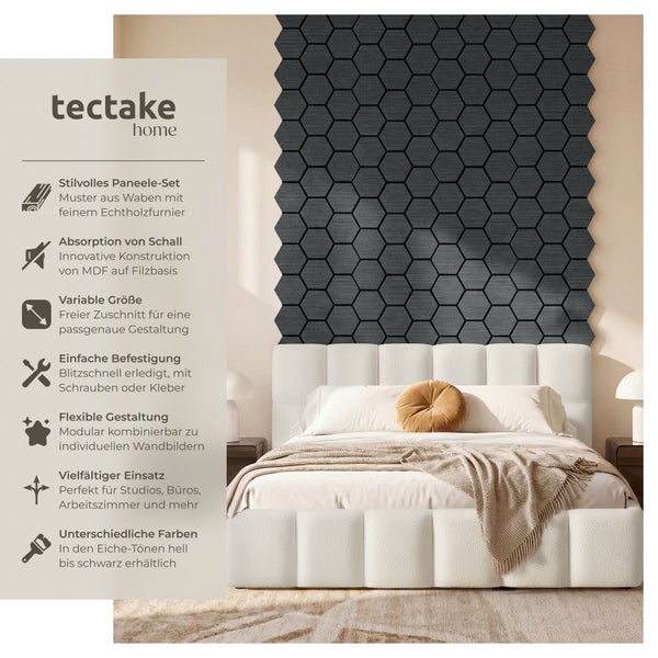 Sechseckige Akustikpaneele mit Echtholzfurnier von tectake home als dekorative, schallabsorbierende Wandgestaltung in einem modernen Schlafzimmer.