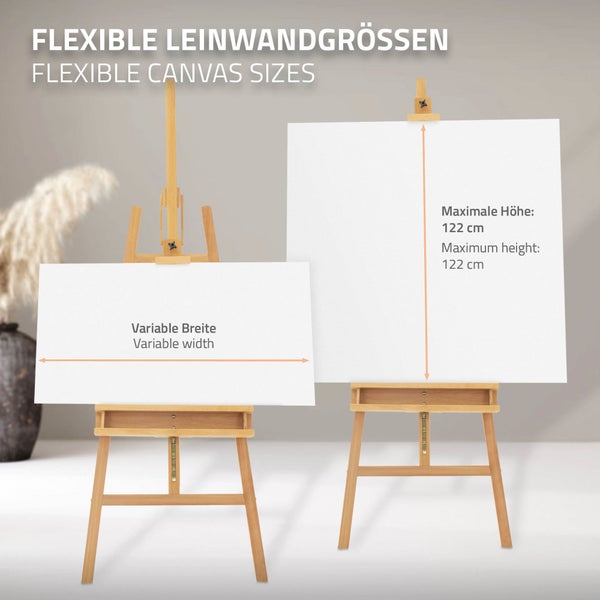 ECD Germany Große Staffelei 65x240 cm, Flexibel verstellbare Dreibein Atelierstaffelei aus massivem Buchenholz mit Malauflage, Klappbare Holzstaffelei für Leinwände bis 122cm, Sitz- und Standstaffelei