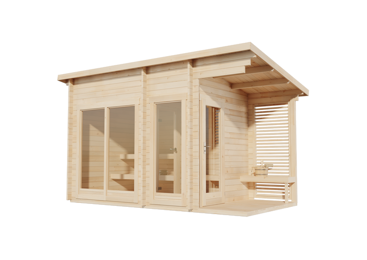 Moderne Außensauna aus hellem Holz mit großen Glasfenstern, einer Glastür und einem überdachten Eingangsbereich mit Bank.