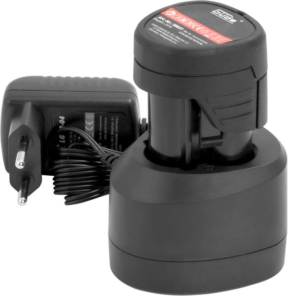 Güde 12 Volt Lithium-Ionen Akku mit Ladegerät und Netzstecker.