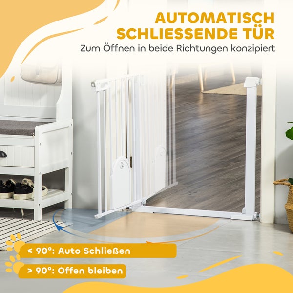Weißes Schutzgitter für Türen mit Haustiertür, schließt automatisch unter 90 Grad und bleibt über 90 Grad geöffnet.